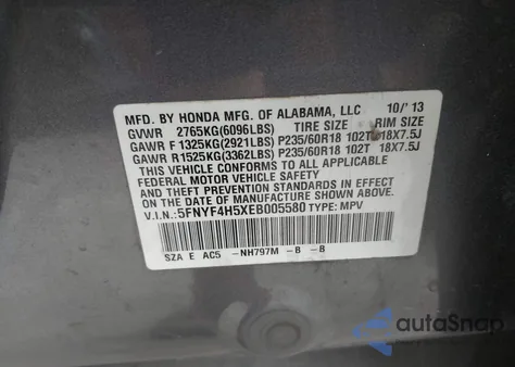 2014 Honda Pilot Ex-L from USA, damaged, VIN 5FNYF4H5XEB005580
